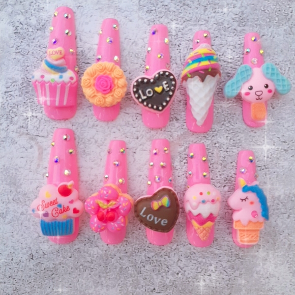 XXL Long Pink Kawaii Sweets Press on Nails - Picture 3 of 6